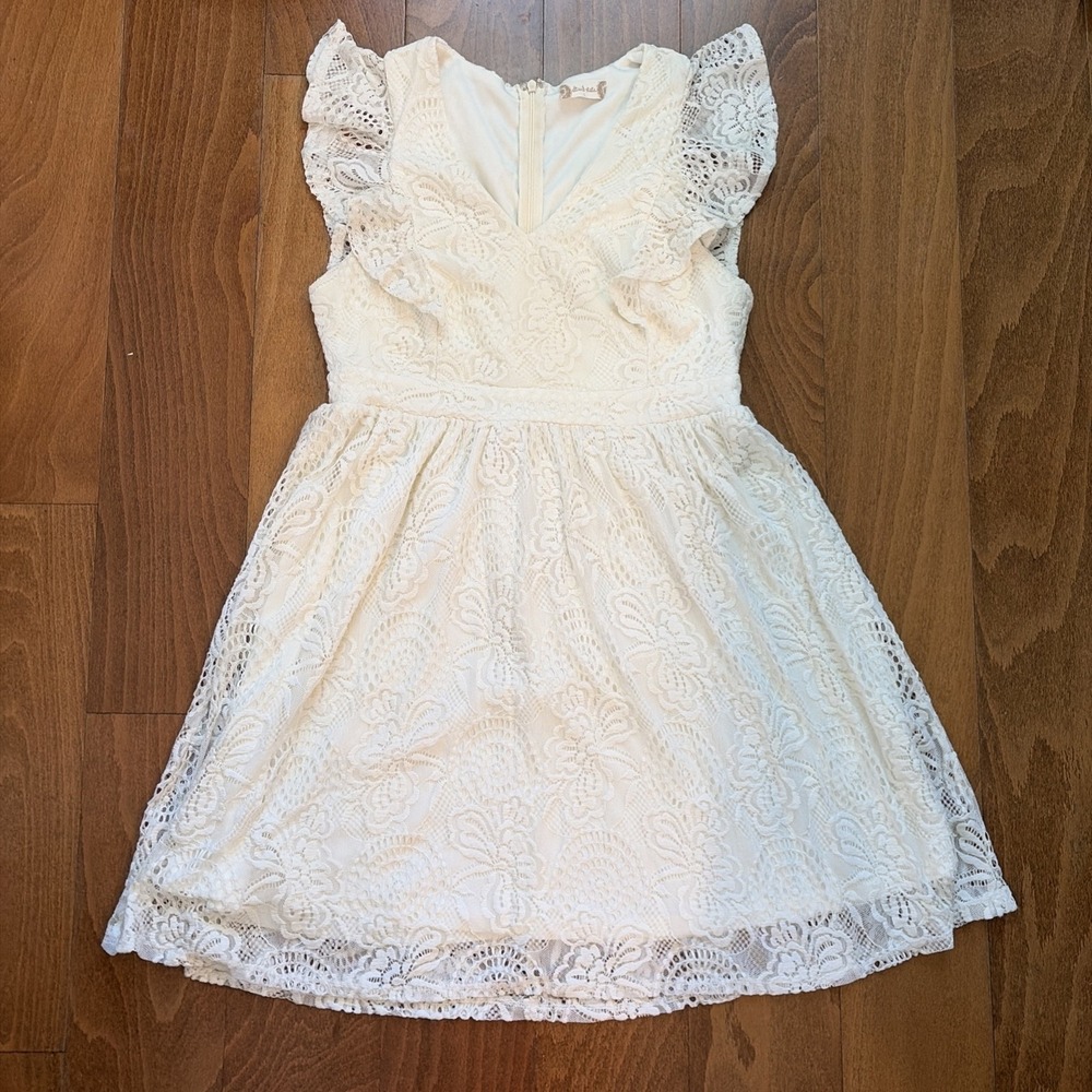 Altar'd State Women's Ruffle Boho Ivory Lace Mini  Dress Cottagecore Size Large